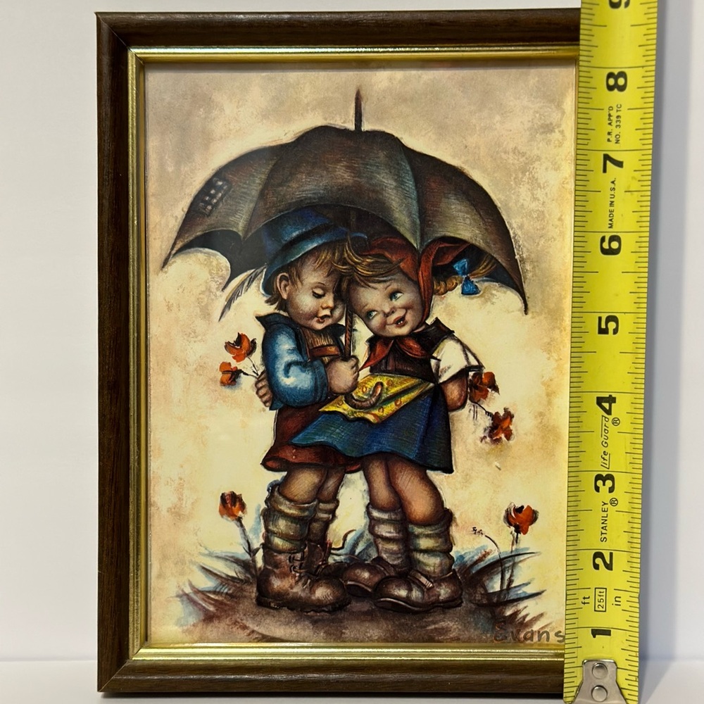 Vintage Hummel Evans Framed Art Boy and Girl Under Umbrella - Picture 4 of 8